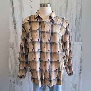 Vintage Plaid‎ Button-Up Shirt 1X Cozy Fall Style Leaf Accents Thanksgiving